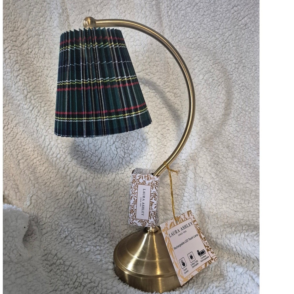 Laura Ashley Rechargeable LED Touch Lamp Gold Green Plaid Tartan Pleated Shade